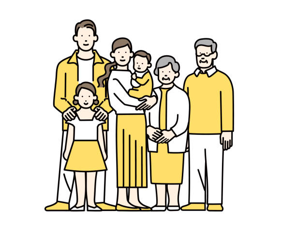 family parents and kids, granmom and granpa. full length illustrations stock illustrations