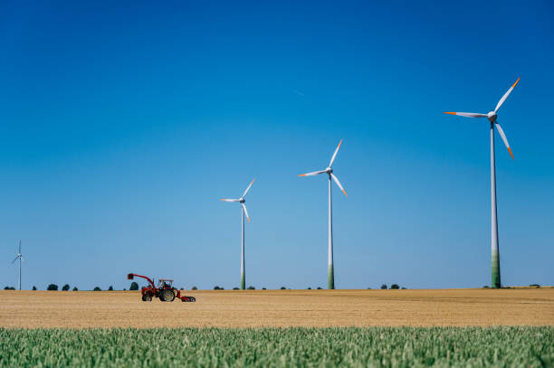 istock Wind turbines and tractor in fields of wheat 1253216049