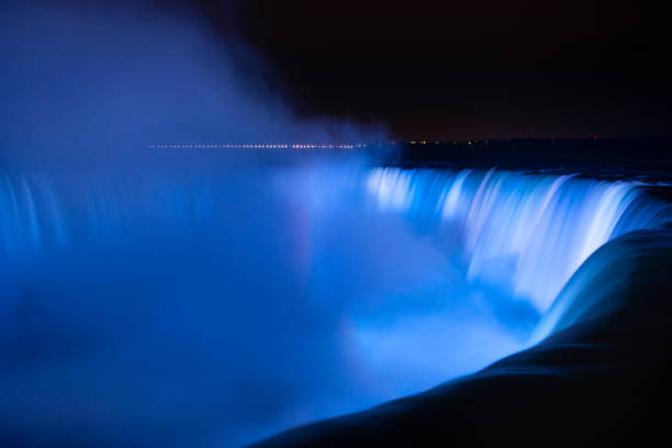 Niagara Falls illuminated in blue light with rainbows from the mist