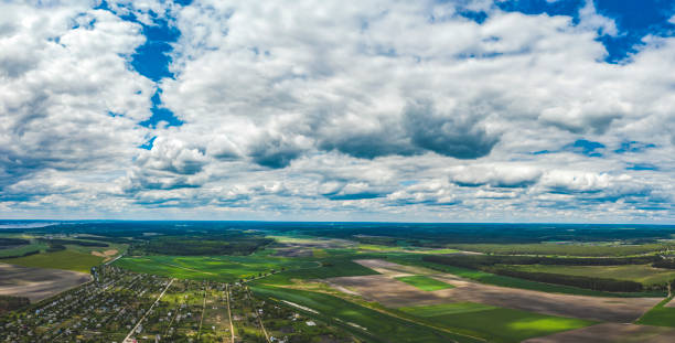 istock Aerial Flying over countryside under dramatic cloudy sky 1253222994