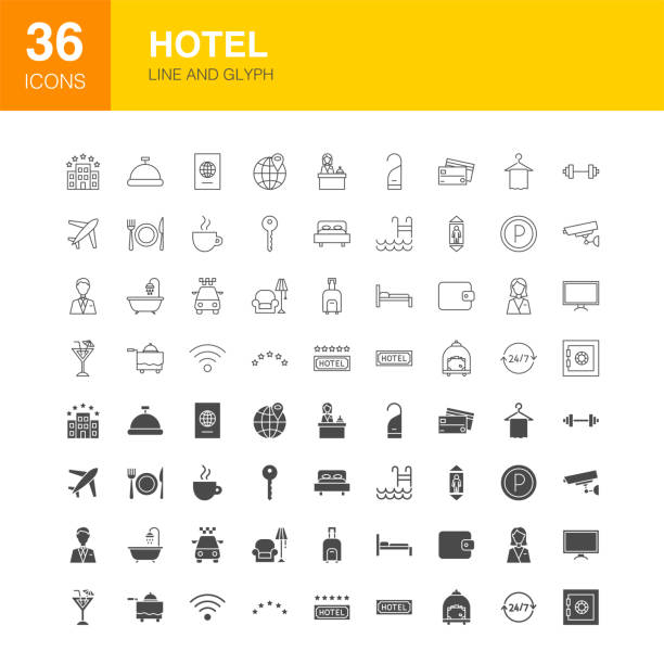 ilustraciones, imágenes clip art, dibujos animados e iconos de stock de iconos de glifo web de hotel line - tv reception