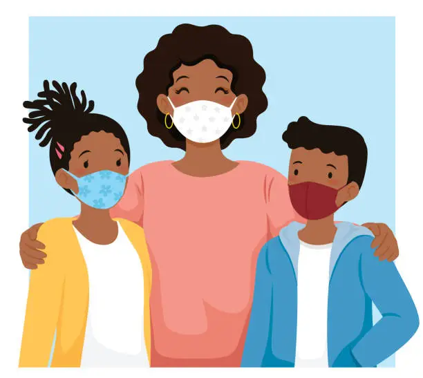 Vector illustration of Black family wearing face masks