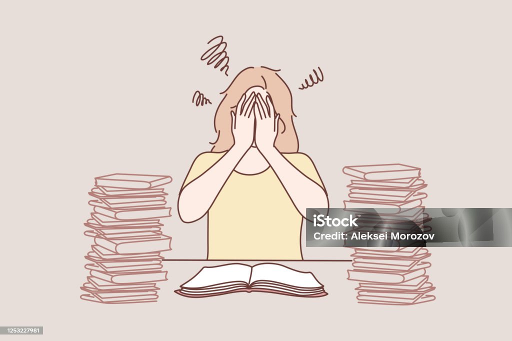 Mental stress, education, frustration, learning, panic attack concept Mental stress, education, preparation, frustration, learning concept. Tired depressed frustrated woman girl student has panic attack before exam or unversity tests. Stressful time in study process. University stock vector Mental stress, education, frustration, learning, panic attack concept Mental stress, education, preparation, frustration, learning concept. Tired depressed frustrated woman girl student has panic attack before exam or unversity tests. Stressful time in study process. University stock vector