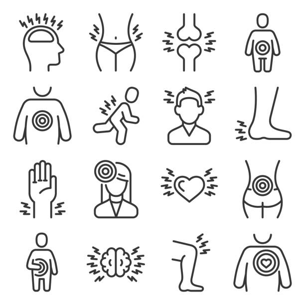 menschliche körper schmerzen icons auf weißem hintergrund setzen. linienstilvektor - head and shoulders stock-grafiken, -clipart, -cartoons und -symbole