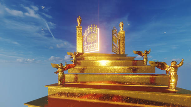 Golden Angels On Stairs Towards The Gates Of Heaven Against Blue Sky Stock  Photo - Download Image Now - iStock