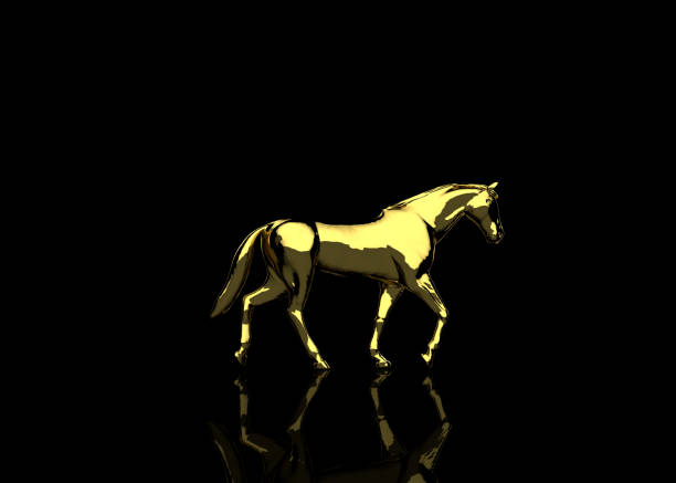 istock Golden Horse on black reflective floor 1253228216
