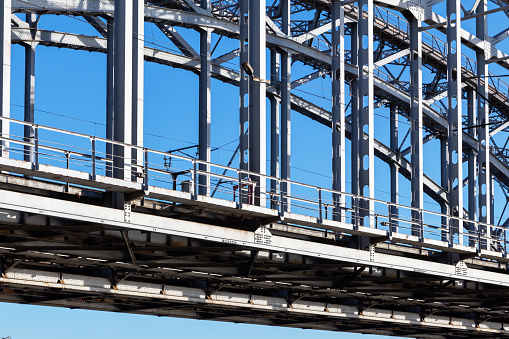 Metal steel railway bridge against the blue sky