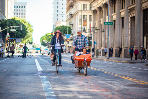 Biking Family Enjoying Weekend Open Street in Los Angeles