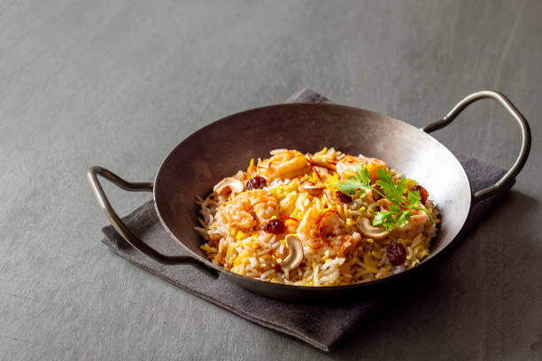 Indian food biryani with basmati rice and shrimp stock photo