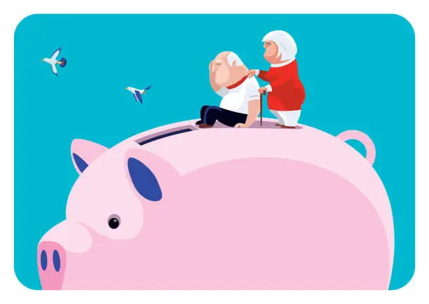 Vector illustration of senior couple with piggy bank