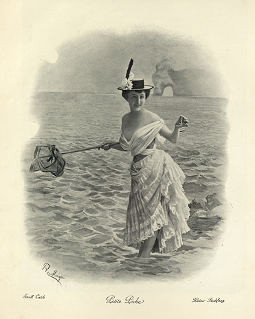 Antique photomontage photograph young woman fishing for shrimp at seaside, 19th Century