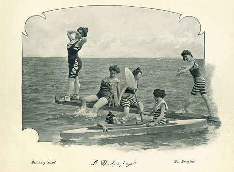 Antique photomontage photograph young woman having fun in sea, diving board and canoe, 19th Century
