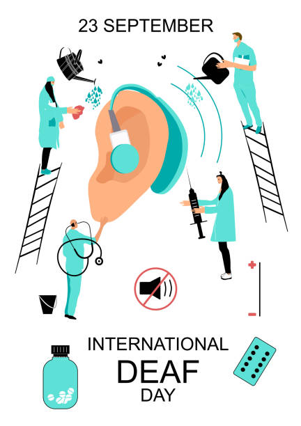istock International Deaf day 23 september hand drawn vector illustration.People in medical clothes take care about human ear with hearing aid. 1253235957