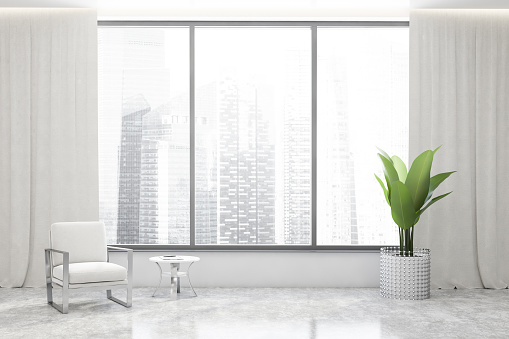 Interior of panoramic living room with white walls, concrete floor, white armchair and round coffee table. Window with blurry cityscape. 3d rendering