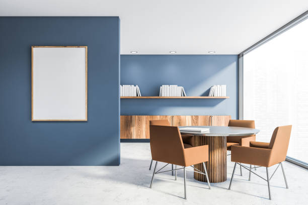 istock Blue home library with cabinets and poster 1253237809