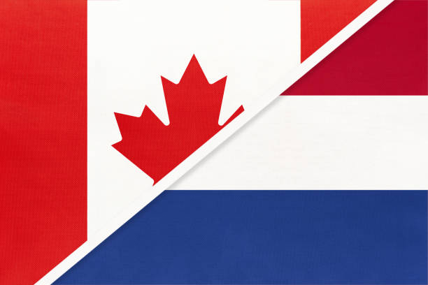 istock Canada and Netherlands or Holland, symbol of national flags from textile. Championship between two countries. 1253239075