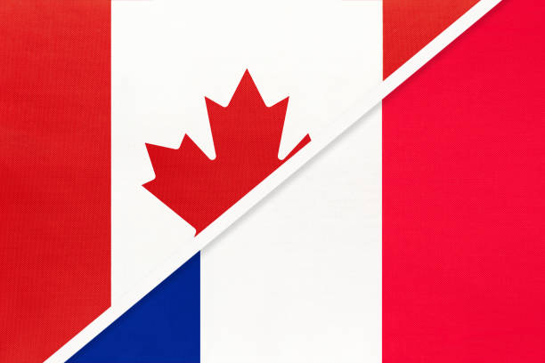 istock Canada and France, symbol of national flags from textile. Championship between two countries. 1253239313