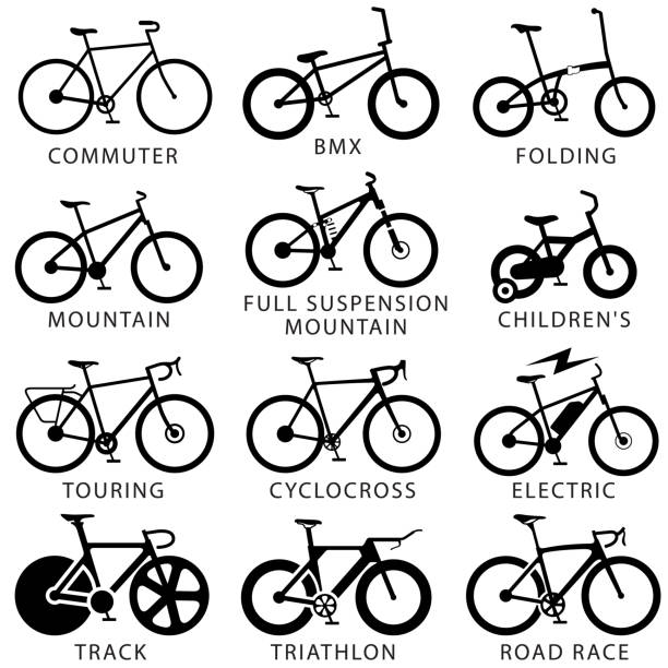 ilustraciones, imágenes clip art, dibujos animados e iconos de stock de conjunto de iconos de tipos de bicicleta - bmx cycling