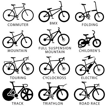 Single color isolated icons of different bicycle categories