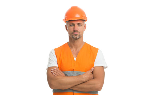 istock Design future. Mature man in helmet. Works at building site. Builder in protective vest and helmet. Construction worker isolated white. Engineering for better life. Building design. Design architect 1253242192