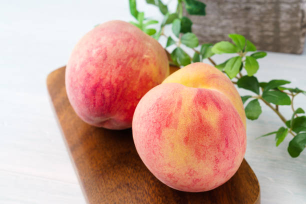 Fresh peaches on wooden background