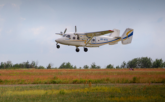 Kyiv, Ukraine - June 21, 2020: Antonov AN-28 UR-NTE plane at the Chaika airport. A small plane for parachutists. Ukrainian airplane.