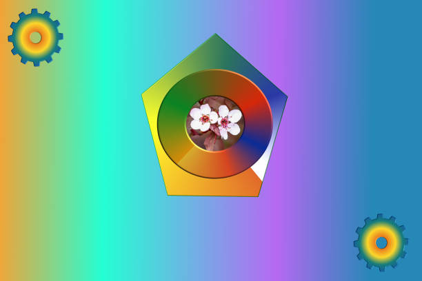 A huge pentagon holds a doughnut, which holds a pair of beautiful flowers inside it