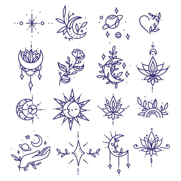 set von tattoo im minimalismus. dünne linienformen sammlung von raum- und natursymbolen - blumen tattoos stock-grafiken, -clipart, -cartoons und -symbole