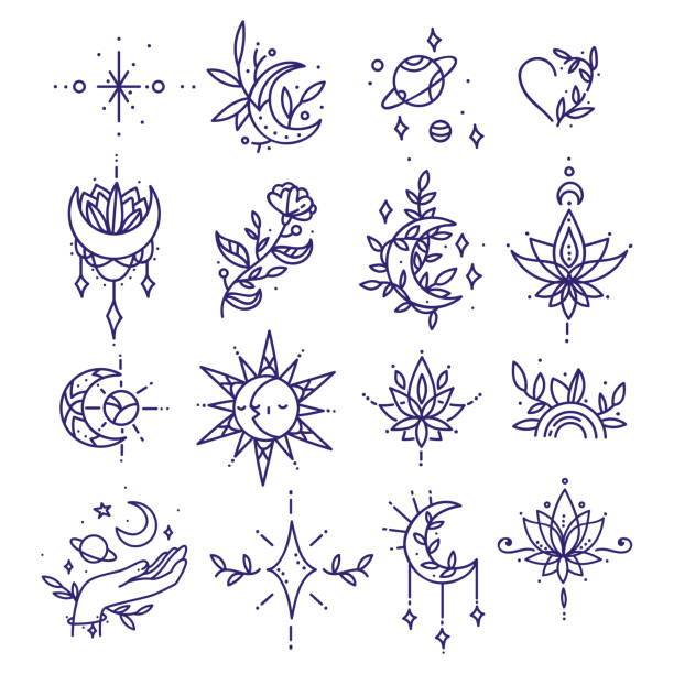ilustrações, clipart, desenhos animados e ícones de conjunto de tatuagem no minimalismo. linha fina molda coleção de símbolos espaciais e naturais - tattoo