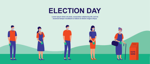 ilustrações de stock, clip art, desenhos animados e ícones de group of people waiting in line putting paper ballot in box. election day, social distancing and covid-19 coronavirus prevention concept. vector flat cartoon illustration. - vote casting