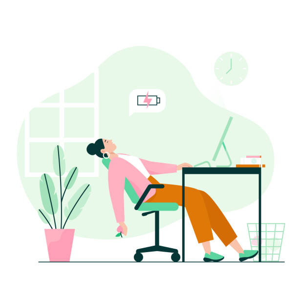 Tired woman sleeping at the desk. Work burnout, low energy at work. Flat vector illustration. battery illustrations stock illustrations