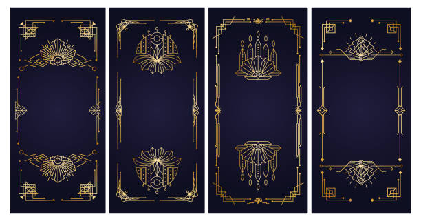 Roaring 20s - Design templates. Art Deco vintage gold frames. Retro linear elements for invitation, cards, banners Art Deco vintage frames and borders - Vector Kit with copy space. Set of retro linear elements for cards, stories, invitations or banners. Collection of decorations for design a-la Roaring 20s tarot cards stock illustrations