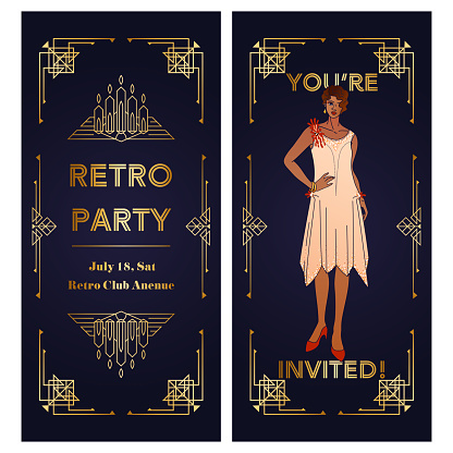 1920s Art Deco - square layout with two elegant women. Template design of greeting card, invitation, banner for social media. Dark backdrop and gold linear geometric frame with copy space for text