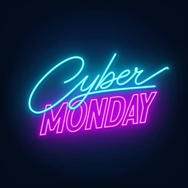 ilustraciones, imágenes clip art, dibujos animados e iconos de stock de firma de neón cyber monday sobre un fondo oscuro. - cyber monday