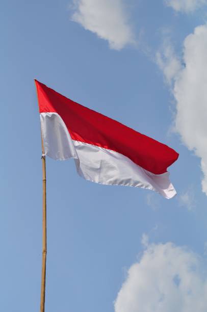 istock Indonesian Flag waving on blue sky background 1253252925