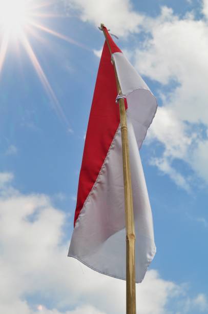 istock Indonesian Flag waving on blue sky background 1253253113