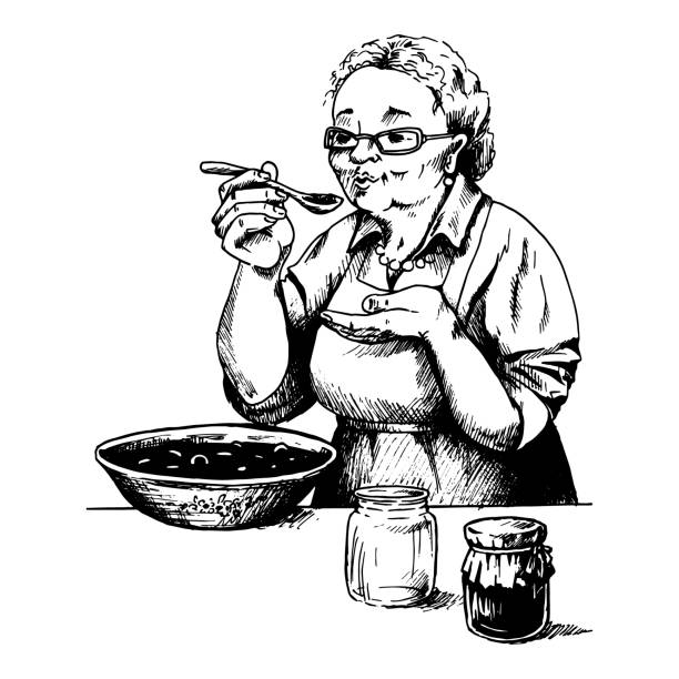 illustrazioni stock, clip art, cartoni animati e icone di tendenza di nonna prepara marmellata, schizzo, scarabocchio, per etichette, libri, grafica in bianco e nero, illustrazione vettoriale - grandmother