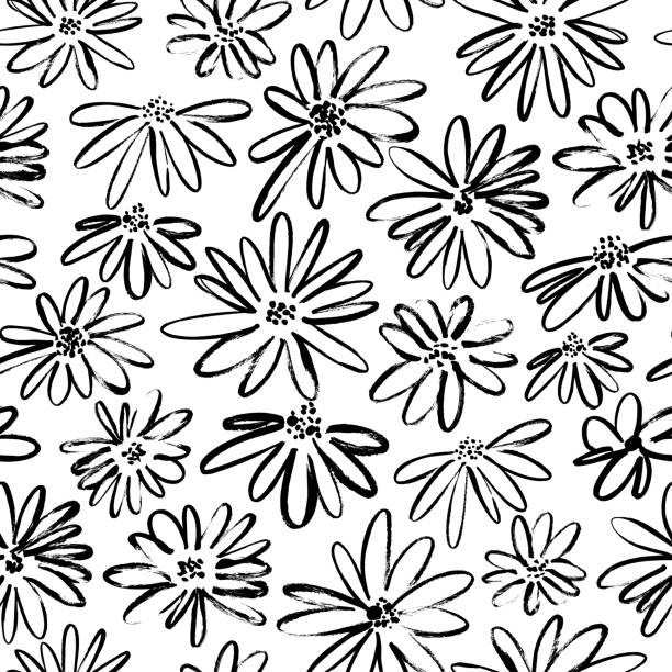 szczotka kwiat wektor bez szwu wzór. ręcznie rysowana ilustracja z tuszem botanicznym z motywem kwiatowym. rumianek lub stokrotka malowane pędzlem. - 5143 stock illustrations