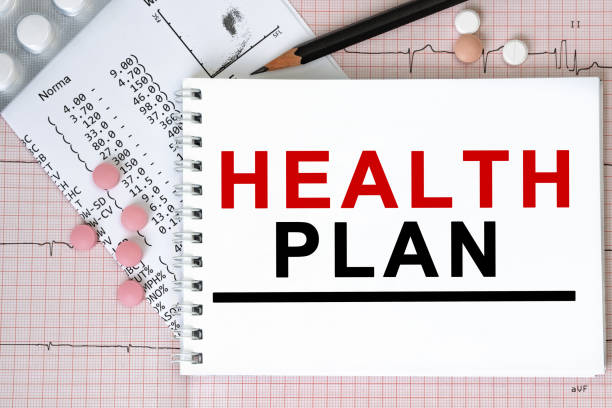 istock Notebook page with text HEALTH PLAN on a table with a pills and pencil, medical concept, top view 1253255717