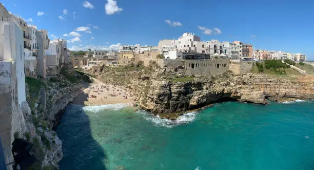 Polignano a mare , Apulia, Italy. It is a town in southern Italy, on the Adriatic sea. The local economy depends on tourism, agriculture and fishing. It is believed to be the site of the ancient Greek city of Neapolis of Apulia