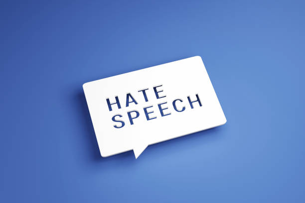 White speech bubble with text Hate Speech. 3d render. White speech bubble with text Hate Speech on blue background. 3d render. furious stock pictures, royalty-free photos & images