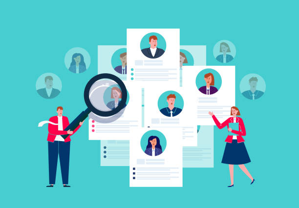 Human resources search, resume and recruitment, human resources department holding magnifying glass to select resume Human resources search, resume and recruitment, human resources department holding magnifying glass to select resume comparison illustrations stock illustrations