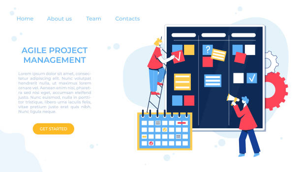 Web Agile project management. Communication, teamwork, business process. Employees consult, work at the computer, plan the workflow and programming. flowchart symbols programming stock illustrations