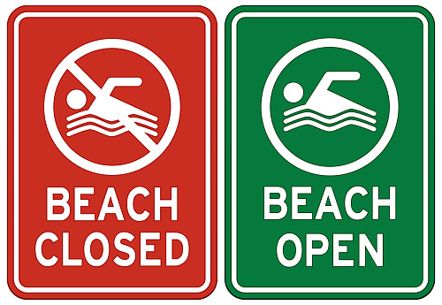 Red and green beach closed warning message signs on white background. Vector illustration, easy to edit, manipulate and resize. Layered EPS10 with global colors and transparencies. Individual elements and textures. Hi-res JPG included.