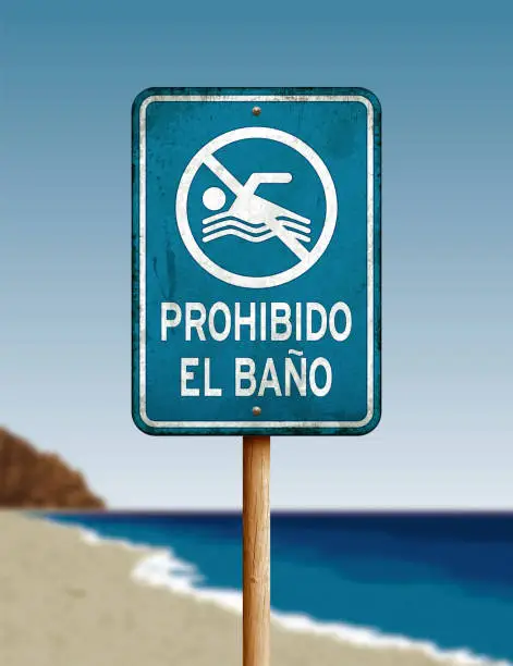 Vector illustration of Weathered 'no swimming' warning sign with sea