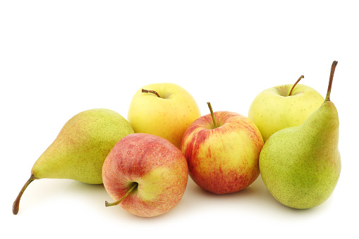 bunch of apples and pears on a white background
