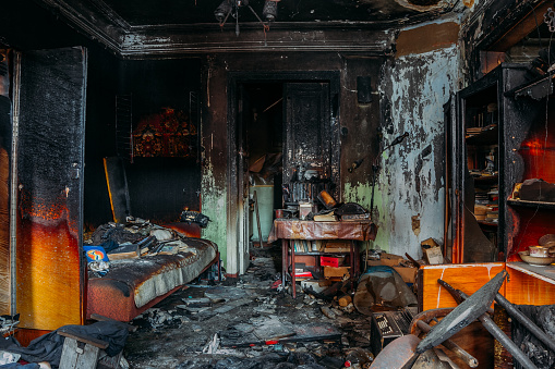 Burnt house interior after fire.