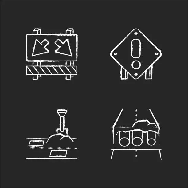 Vector illustration of Road works chalk white icons set on black background. Traffic sign for cars to take detour. Attention roadsign. Patching paving. Pipe replacement. Isolated vector chalkboard illustrations