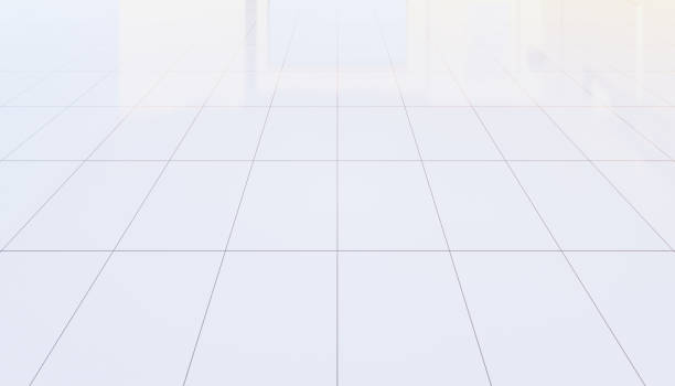istock 3d rendering of empty room and white tile floor with grid line and shiny reflection with clear glass door in perspective view, clean and new condition use to background. 1253261436