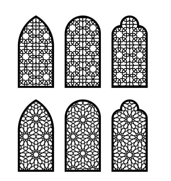 Vector illustration of Arabesque arch window or door set. Cnc pattern, laser cutting, vector template set for wall decor, hanging, stencil, engraving